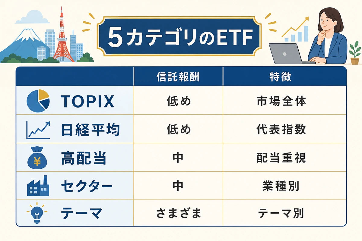 5カテゴリのETF - TOPIX・高配当・セクター比較