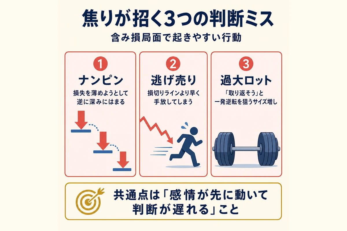 焦りが招く3つの判断ミス：ナンピン・逃げ売り・過大ロット