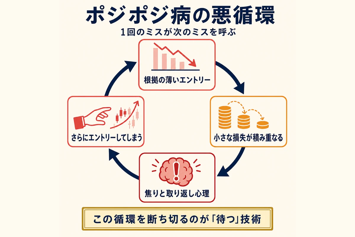 ポジポジ病の悪循環図：根拠の薄いエントリー→損失→焦り→さらにエントリーのループ
