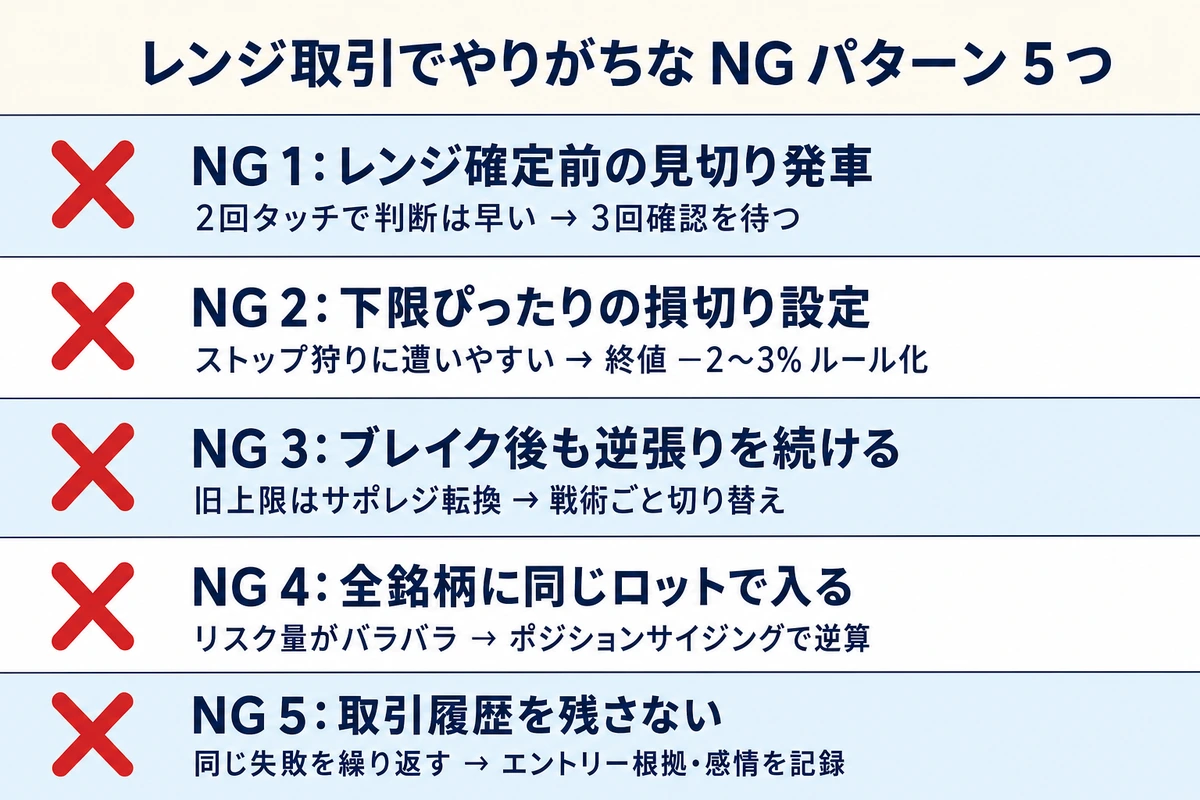 レンジ取引でやりがちなNGパターン5つ:見切り発車・損切り位置・ブレイク後継続・同一ロット・記録なし